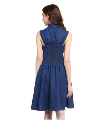 Women's Denim Solid Sleeveless Dress (Navy Blue)
