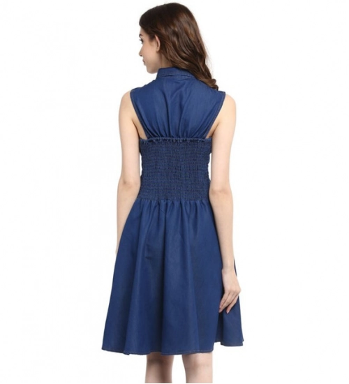Women's Denim Solid Sleeveless Dress (Navy Blue) Women's Denim Solid Sleeveless Dress (Navy Blue)