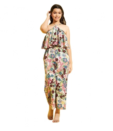 Girl's Polyester Crepe Floral Sleeveless Jumpsuit (Multicolor)