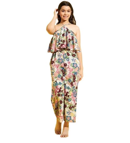 Girl's Polyester Crepe Floral Sleeveless Jumpsuit (Multicolor)