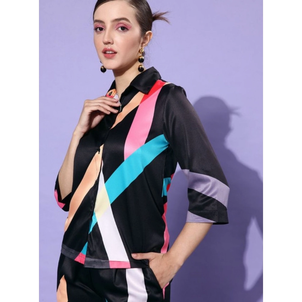 Women's Satin Colour Block Long Sleeves Co-Ord Set (Multicolor)