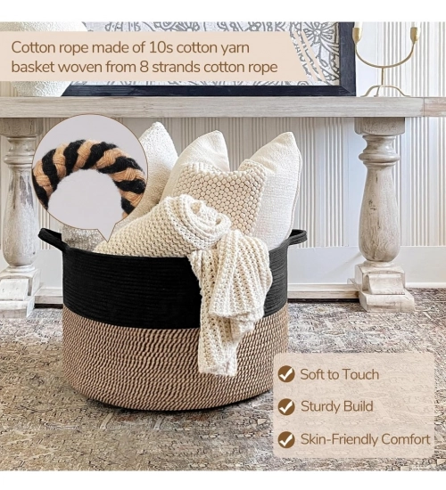 Cotton 16x14 Inch Pack of 1 Storage Basket For Clothes (Black- Beige Black)