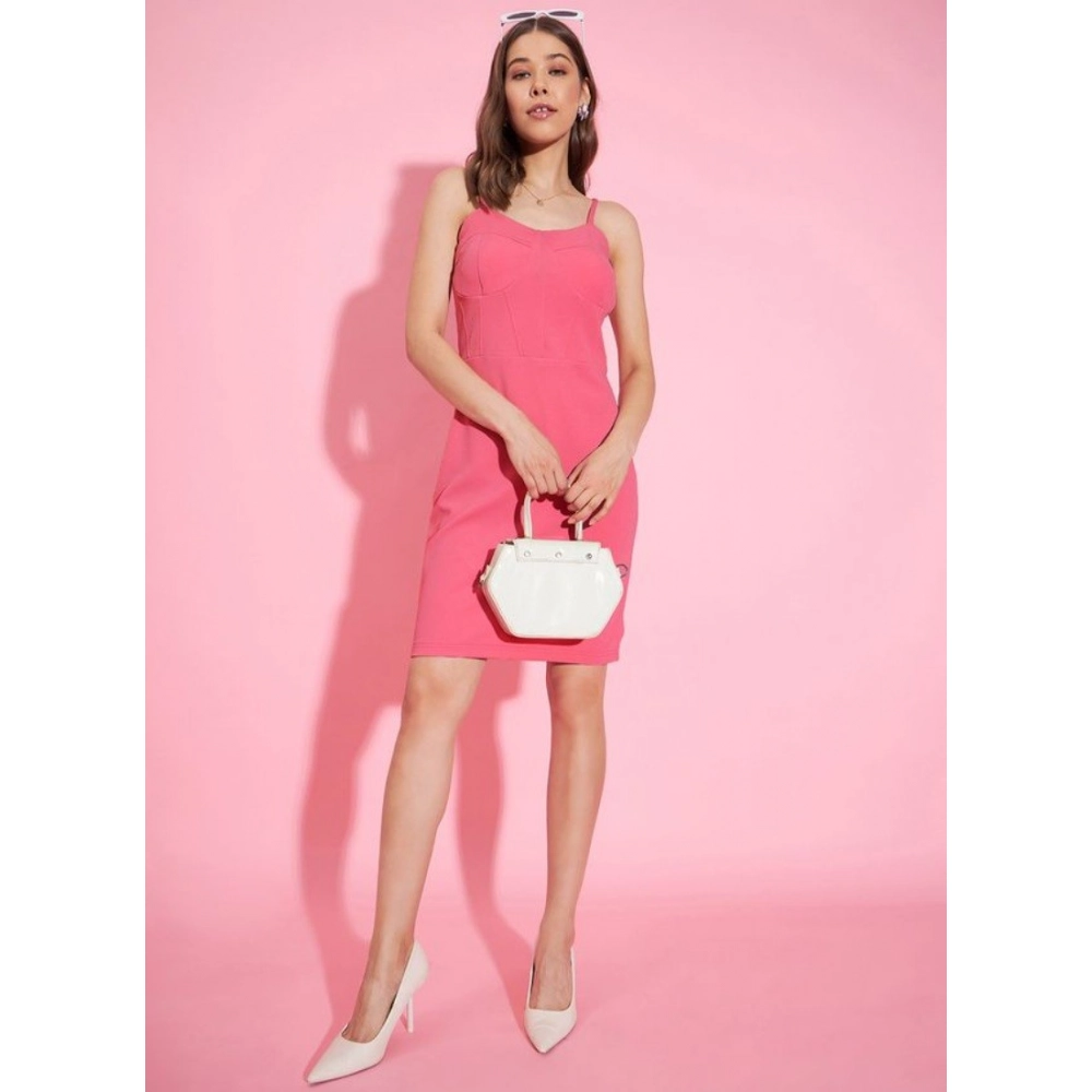 Women's Polyester Lycra Solid Shoulder Straps Dress (Pink)