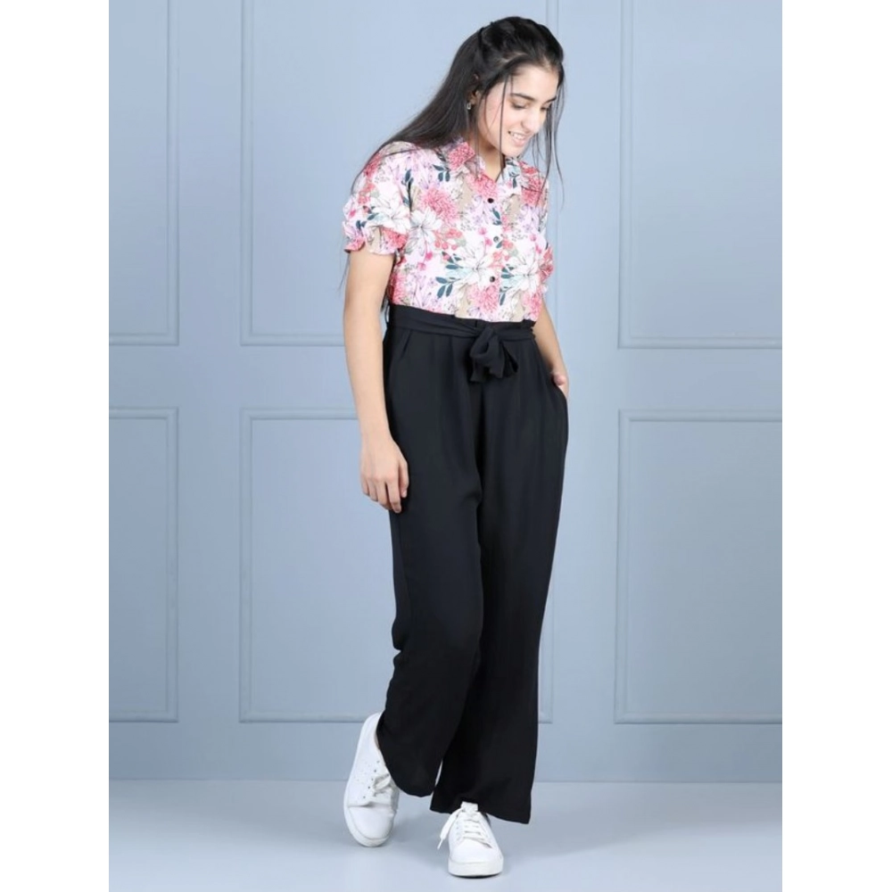 Girl's Polyester Floral Short Sleeves Jumpsuit (White-Black)