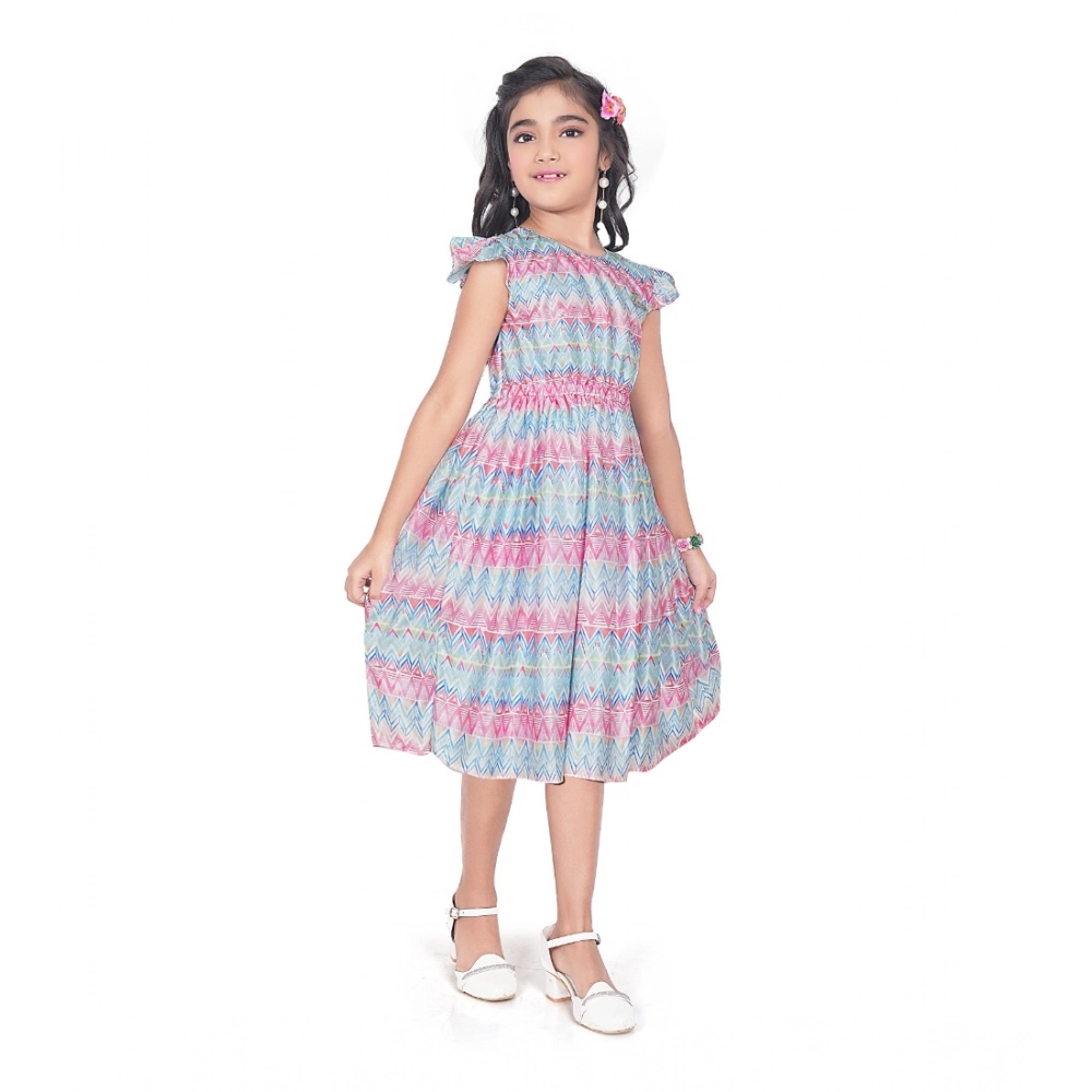 Girl's Lycra Printed Sleeve Less Round Neck Dress (Multicolor)