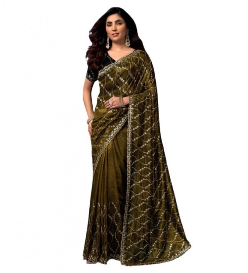 Women's Net Sequence Saree With Unstitched Blouse 5.5Mtr (Mahendi)