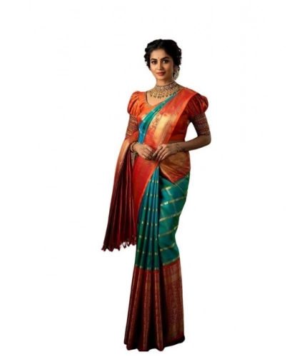 Women's Soft Lichi Silk Printed Saree With Unstitched Blouse 5.5Mtr (Green)