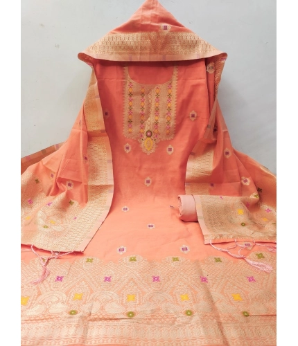 Women's Banarasi Silk Printed Unstitched Salwar Suit Material With Dupatta (Peach, 3Mtrs)
