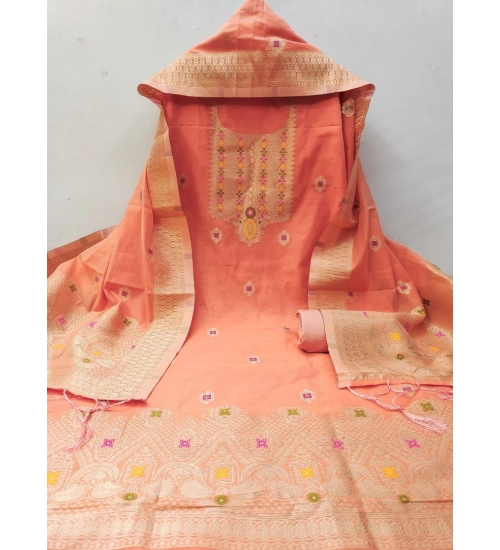 Women's Banarasi Silk Printed Unstitched Salwar Suit Material With Dupatta (Peach, 3Mtrs)
