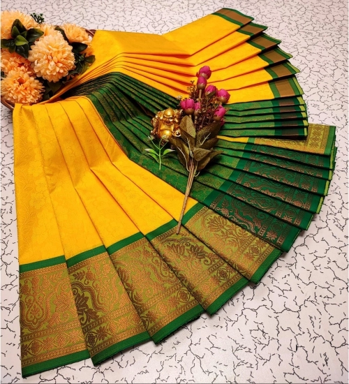 Women's Soft Silk Printed Saree With Unstitched Blouse 5.5Mtr (Yellow)