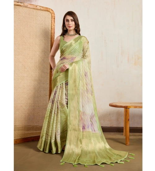 Women's Viscose Printed Saree With Unstitched Blouse 5.5Mtr (Light Green)