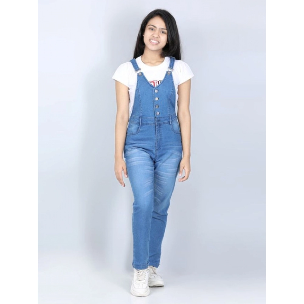 Girl's Denim Solid Buttoned Dungaree (Blue) Girl's Denim Solid Buttoned Dungaree (Blue)