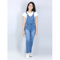 Girl's Denim Solid Buttoned Dungaree (Blue)
