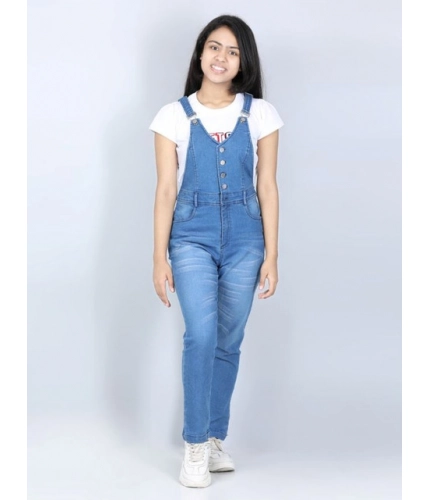 Girl's Denim Solid Buttoned Dungaree (Blue)