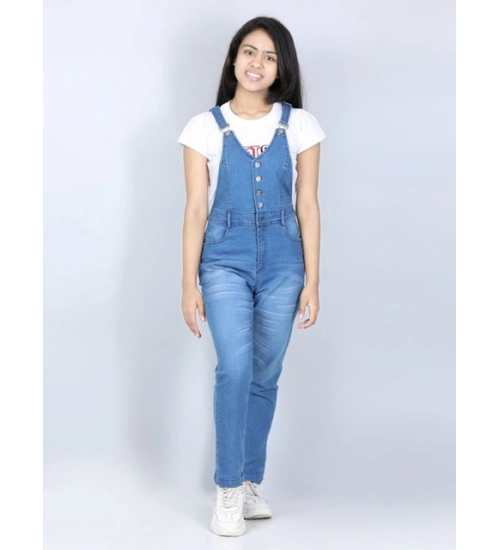 Girl's Denim Solid Buttoned Dungaree (Blue)