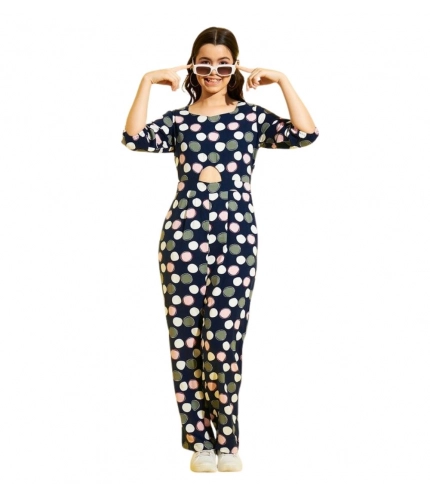 Girl's Cotton Polka 3-4th Sleeve Jumpsuit (Multicolor)