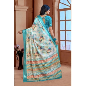 Generic Women's Printed Cotton Linen Saree withPrinted  Saree With Unstitched Blouse (Blue, 5-6Mtrs)