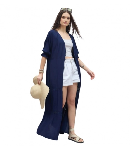 Women's Rayon Crepe Lace Inserts 3-4th Sleeve Shrug (Navy)