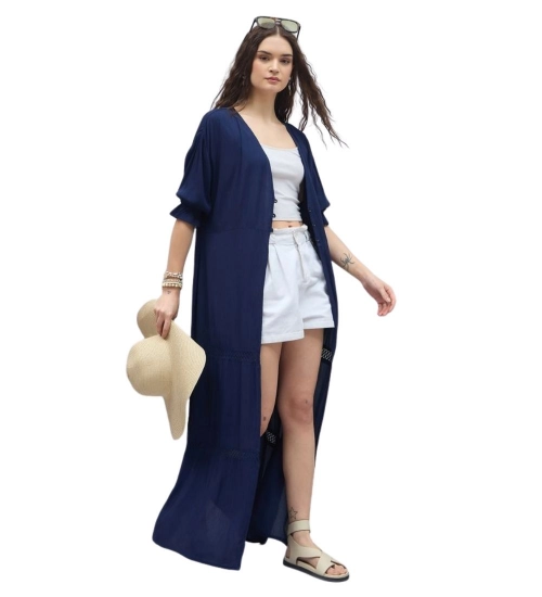 Women's Rayon Crepe Lace Inserts 3-4th Sleeve Shrug (Navy)