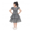 Girl's Artificial Silk Striped Short Sleeve V Neck Dress (Grey)