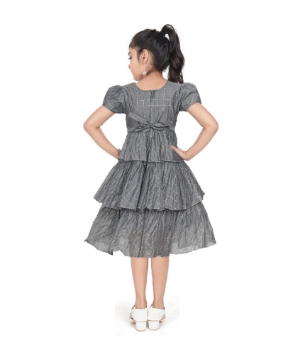 Girl's Artificial Silk Striped Short Sleeve V Neck Dress (Grey)