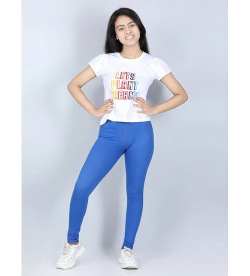 Girl's Cotton Lycra Solid Elasticated Jeggings (Blue)