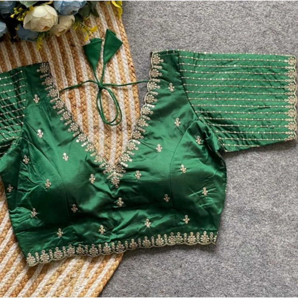Women's Banarasi Silk Sequence V Neck Non Padded Blouse (Green 38 Ready (Alterable up to 42)
