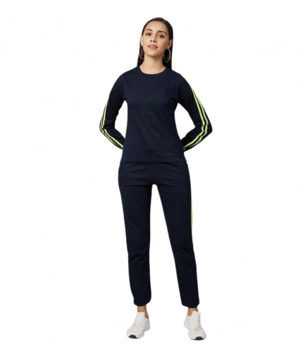 Women's Cotton Solid Long Sleeves Tracksuit (Navy - Green)