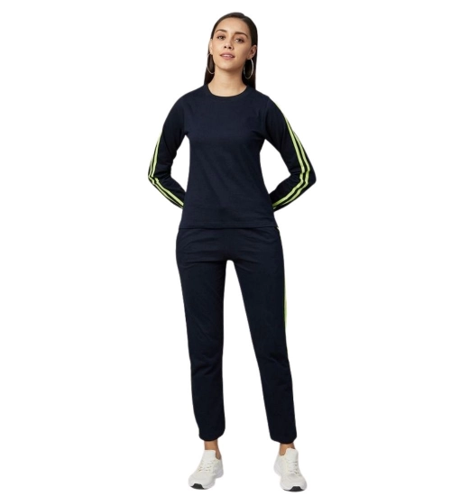 Women's Cotton Solid Long Sleeves Tracksuit (Navy - Green)