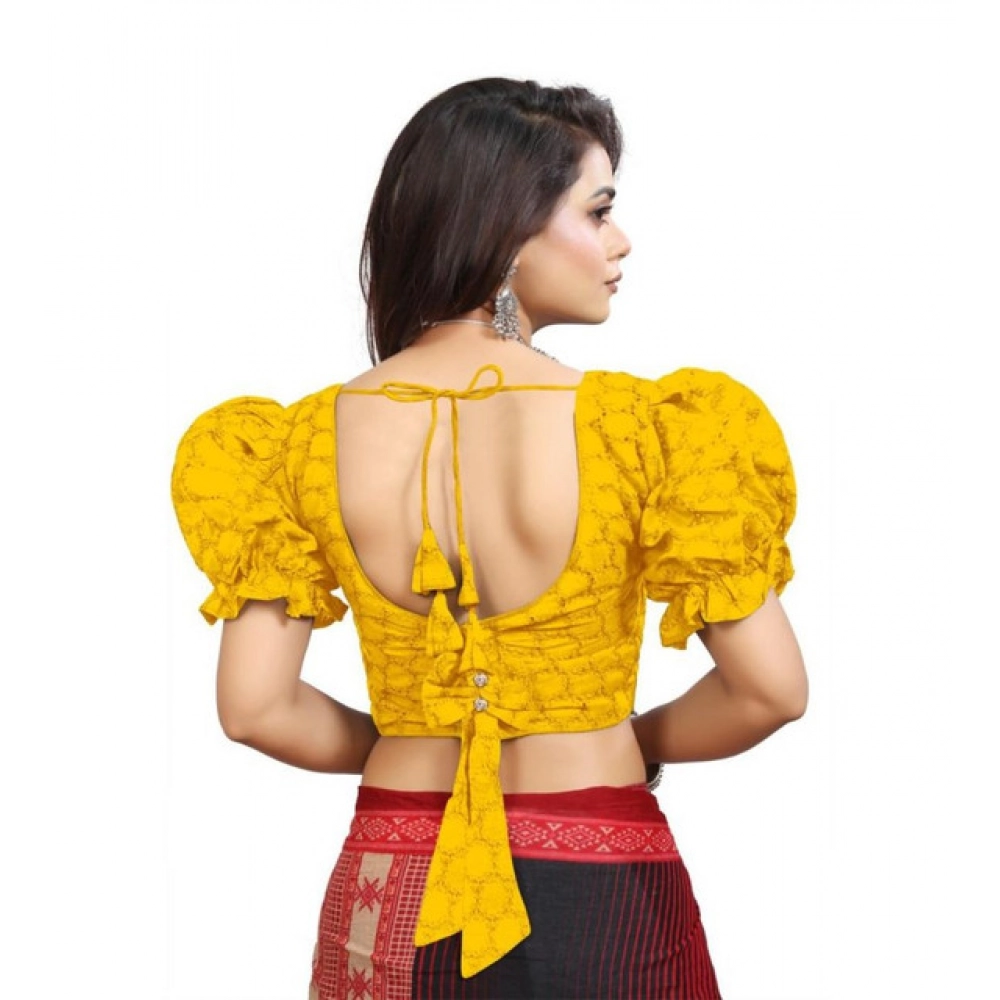 Women's Cotton Embroidered V-Neck Non Padded Blouse (Mustard 36 Ready (Alterable up to 42)