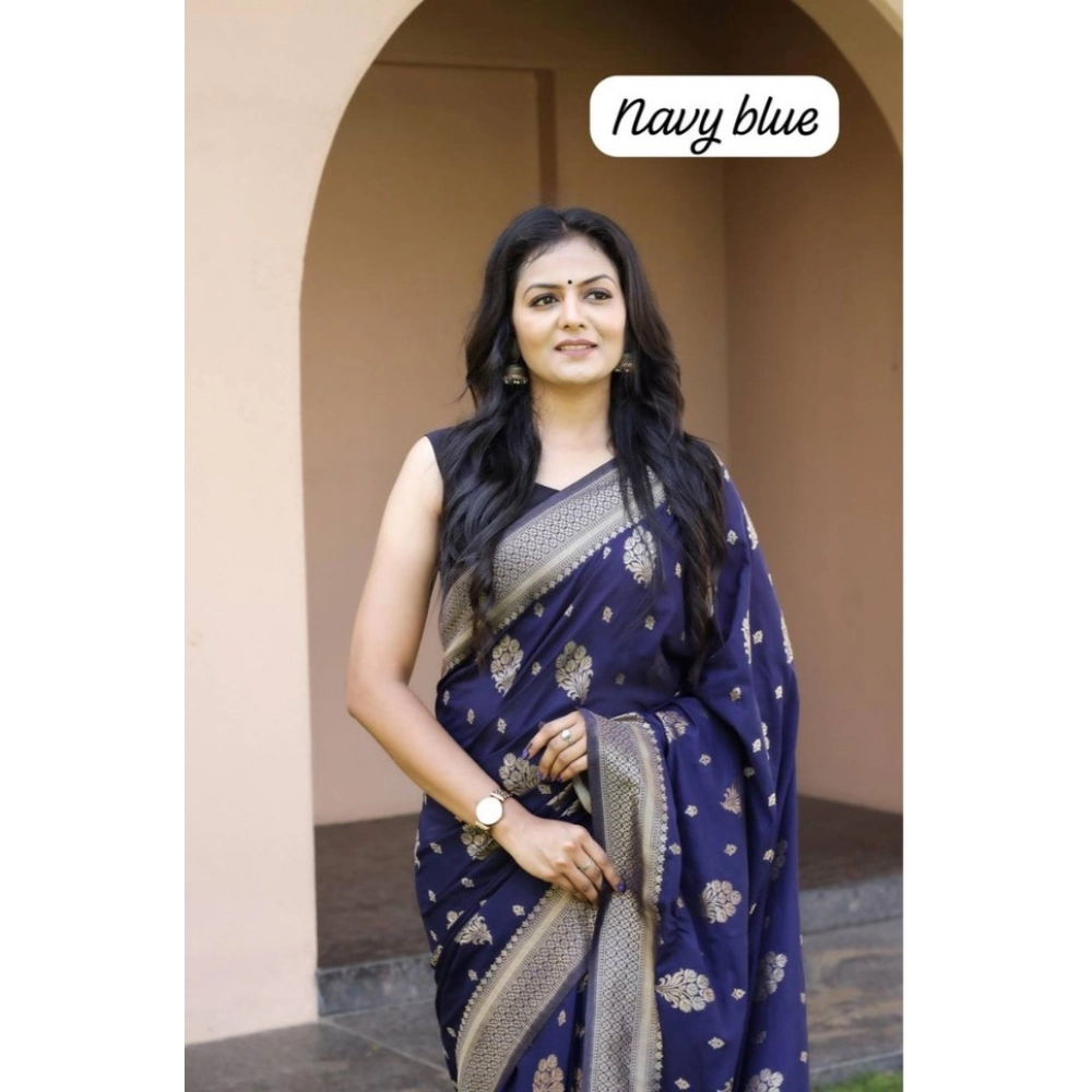 Women's Soft Lichi Silk Printed Saree With Unstitched Blouse 5.5Mtr (Navy Blue)