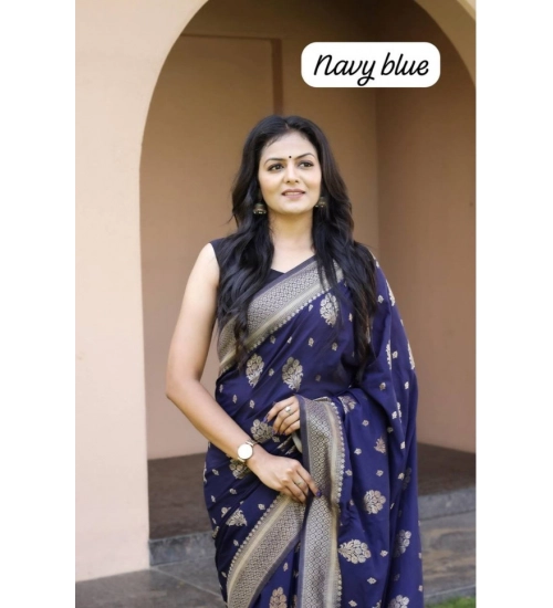 Women's Soft Lichi Silk Printed Saree With Unstitched Blouse 5.5Mtr (Navy Blue)