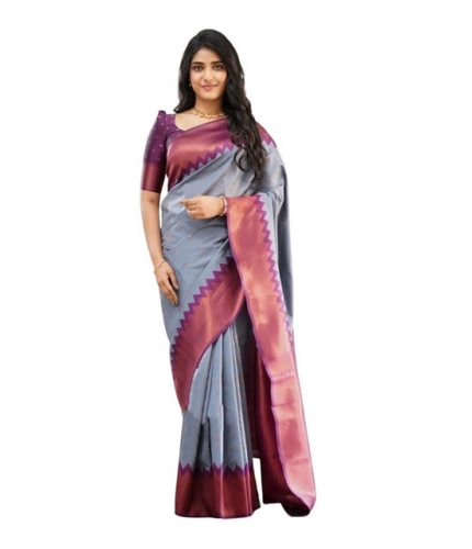 Women's Soft Lichi Silk Printed Saree With Unstitched Blouse 5.5Mtr (Grey)