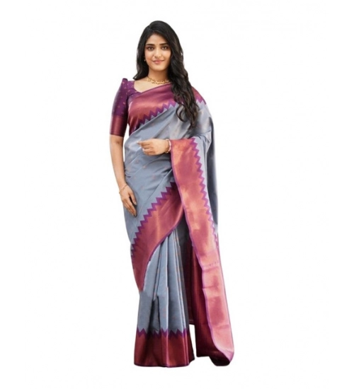 Women's Soft Lichi Silk Printed Saree With Unstitched Blouse 5.5Mtr (Grey)