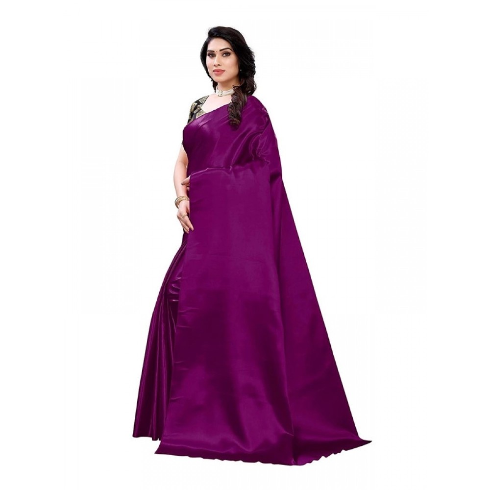 Women's Satin Printed Saree With Unstitched Blouse 5.5Mtr (Purple)