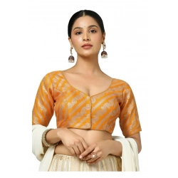 Women's Jacquard Zari Round Neck Padded Blouse (Orange 38 Ready (Self Alterable 36–40)