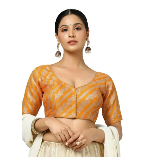 Women's Jacquard Zari Round Neck Padded Blouse (Orange 38 Ready (Self Alterable 36–40)