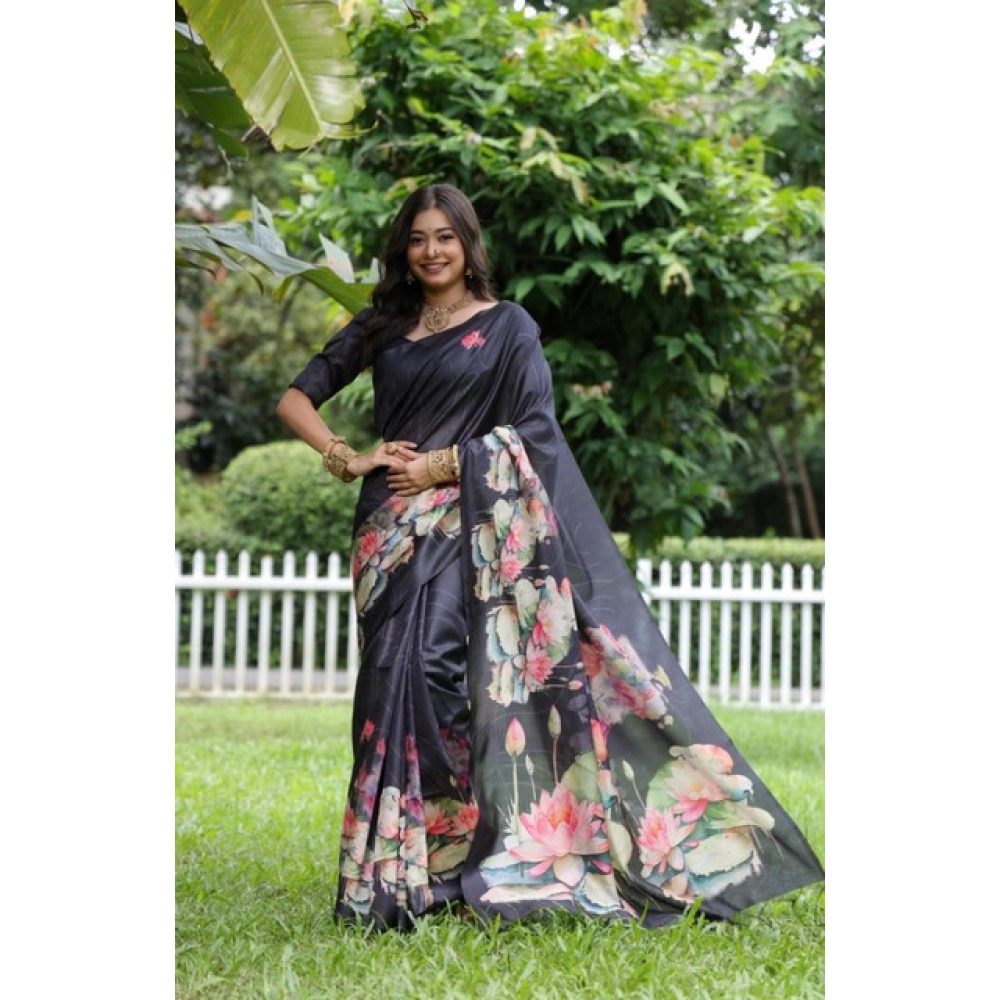 Women's Faux_Tussar Floral Saree With Unstitched Blouse 5.5Mtr (Black) Women's Faux_Tussar Floral Saree With Unstitched Blouse 5.5Mtr (Black)