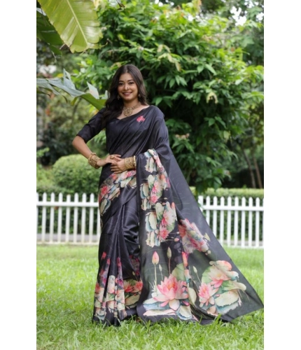 Women's Faux_Tussar Floral Saree With Unstitched Blouse 5.5Mtr (Black)