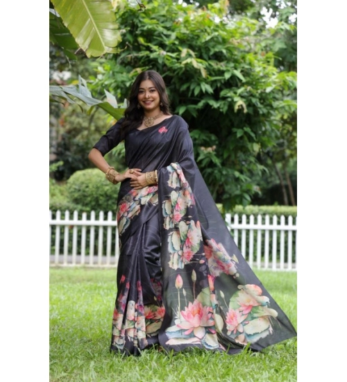 Women's Faux_Tussar Floral Saree With Unstitched Blouse 5.5Mtr (Black)