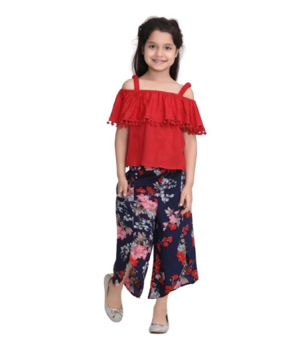 Girl's Rayon Crepe Printed Cold Shoulder Top and Pants Set (Red-Navy)