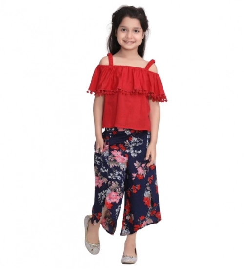 Girl's Rayon Crepe Printed Cold Shoulder Top and Pants Set (Red-Navy)