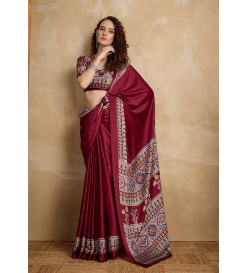 Women's Satin Crepe Printed Saree With Unstitched Blouse 5.5Mtr (Maroon)