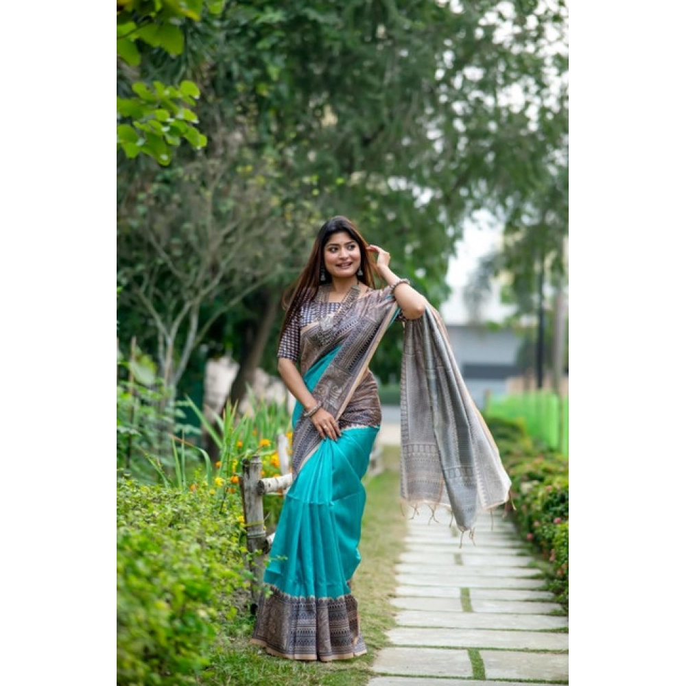 Women's Faux_Tussar Geometric_Print Saree With Unstitched Blouse 5.5Mtr (Rama_Green) Women's Faux_Tussar Geometric_Print Saree With Unstitched Blouse 5.5Mtr (Rama_Green)