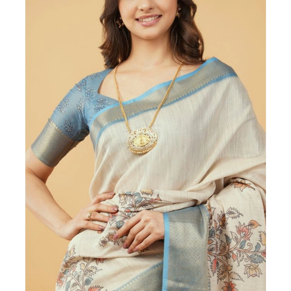 Women's Polyester Printed Saree With Unstitched Blouse 5.5 Mtr (Cream)