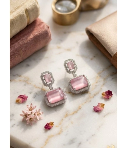 Women's Brass Silver Plated Drop Earrings (Pink)