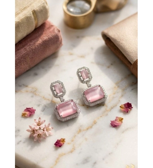 Women's Brass Silver Plated Drop Earrings (Pink)