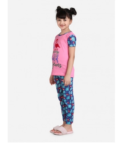 Girl's Cotton Hosiery Printed Night Suit Set (Pink-Blue)