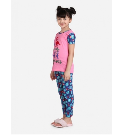 Girl's Cotton Hosiery Printed Night Suit Set (Pink-Blue)