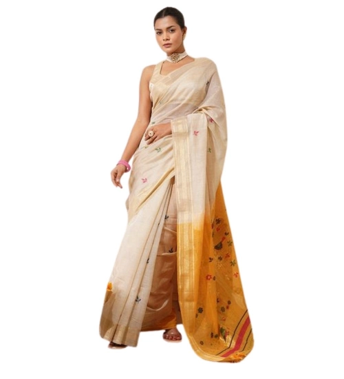 Women's Blended_Cotton Woven_Motifs Saree With Unstitched Blouse 5.5Mtr (Mustard)
